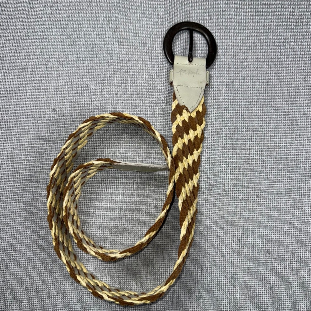 Free People Womens Braided Woven Belt Brown Cream Suede Leather Wood Buckle Boho